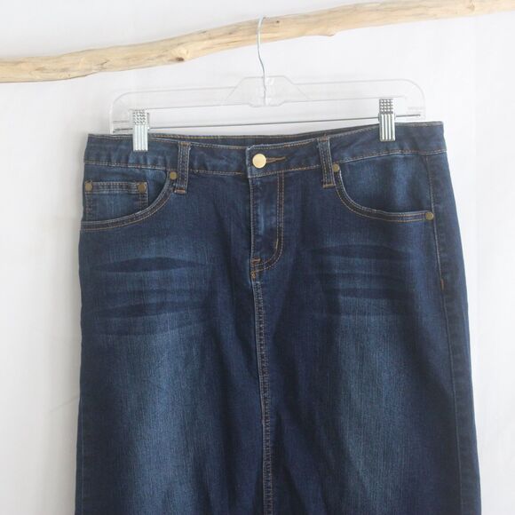 Baccini Modest Midi Blue Jean Skirt Size 8 Stretch Denim Back Slit - Picture 2 of 7